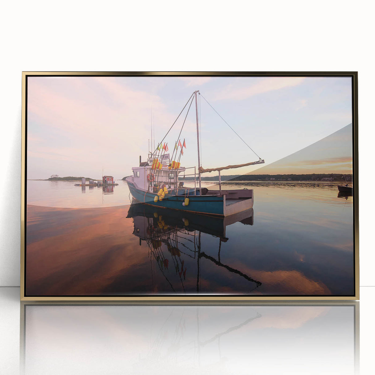 Framed acrylic print of a serene Maine landscape in soft green and blue tones, ideal for modern art wall decor.