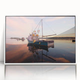 Art deco poster of a serene Maine landscape in soft pastel shades, framed in white acrylic, suitable for nursery wall art.