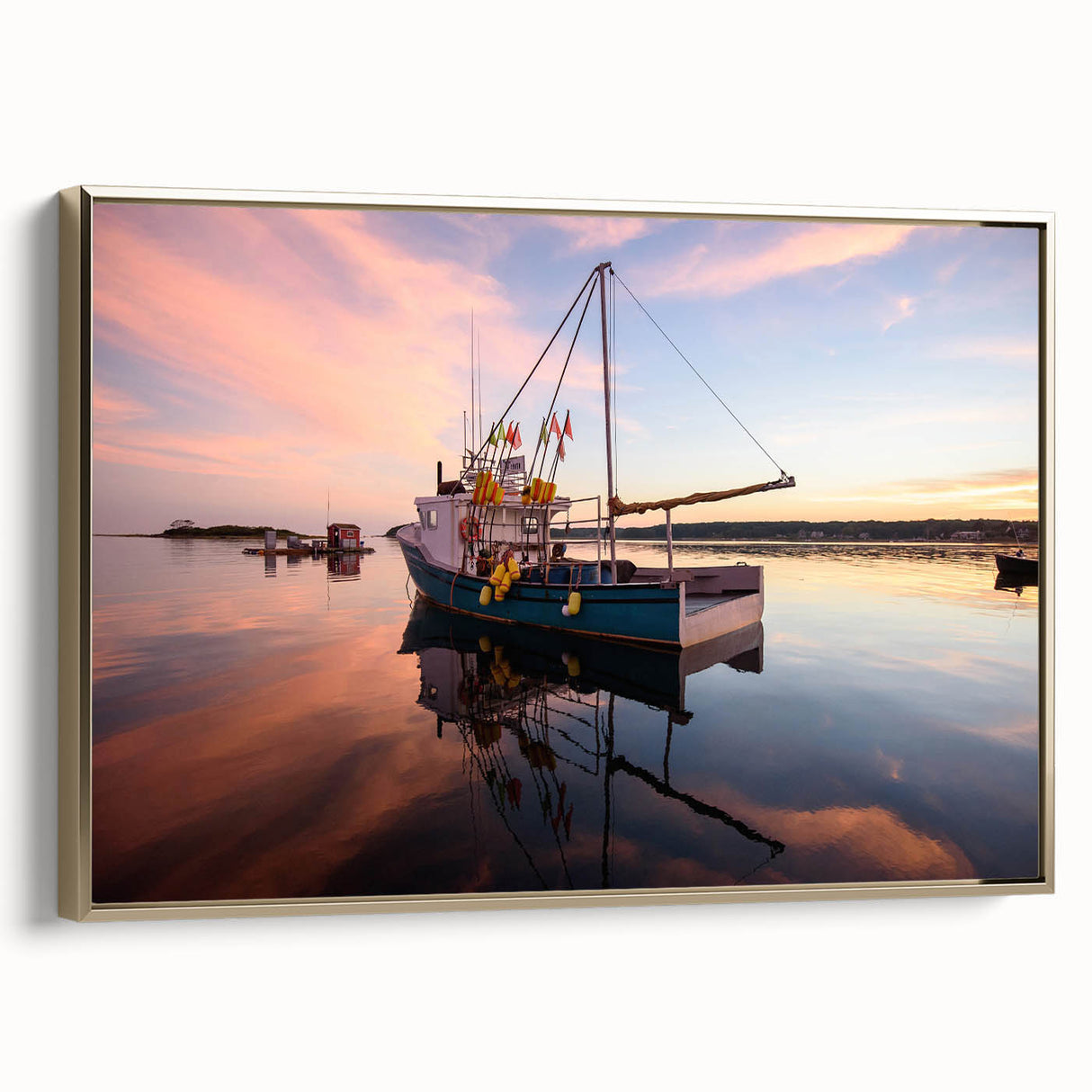 Framed canvas depicting a vintage-style Maine landscape in muted gold and black tones, ideal for bedroom wall decor.