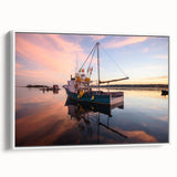 Vintage poster art of Maine scenery in vibrant colors on a large framed canvas, suitable for living room decor.