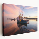 Scenic Maine coastline depicted in muted blue and green tones on a stretched canvas, suitable for kitchen wall art.