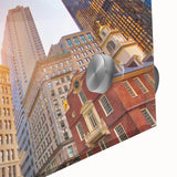 Large abstract depiction of Boston skyline in muted blues and greens on acrylic glass, suited for dining room art.