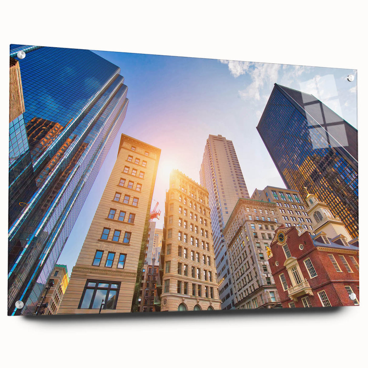 Acrylic print of a large abstract depiction of Boston's skyline in cool blue and gray tones.
