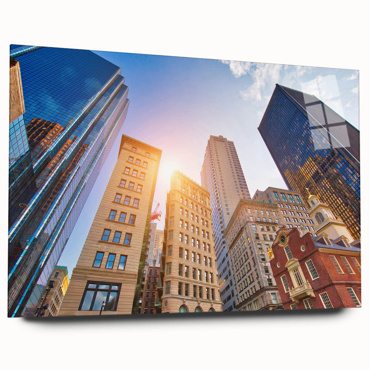 Large abstract wall art of Boston skyline in muted blue tones on acrylic glass, suitable for bedroom or dining room decor.