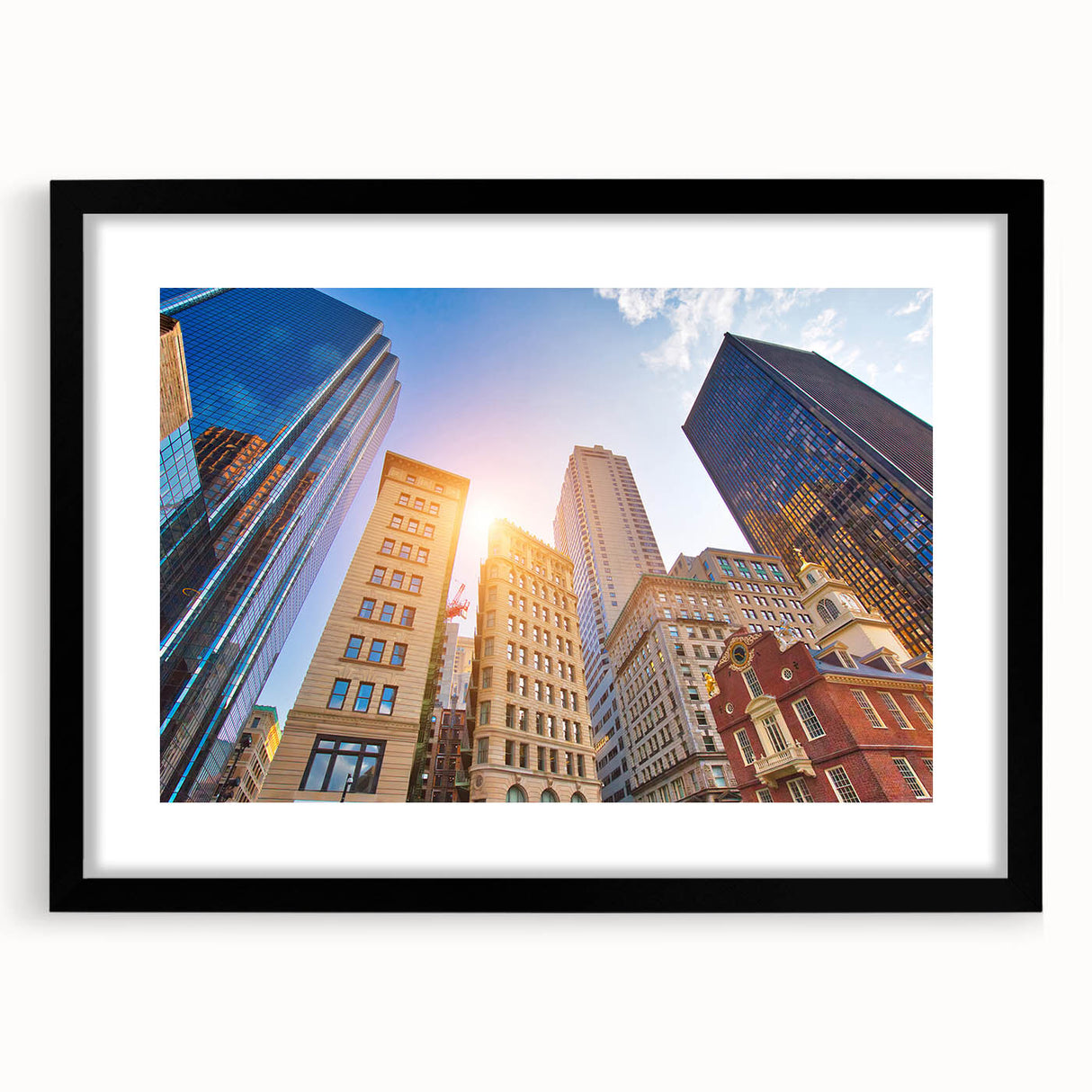Abstract art print of Boston skyline in colorful, textured strokes on a large black-framed canvas.