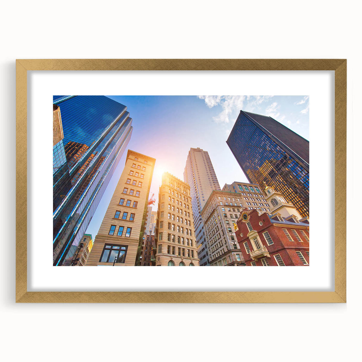 Abstract art print of Boston skyline in textured gold frame, ideal for extra large wall art in a living room.