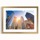 Abstract art print of Boston skyline in textured gold frame, ideal for extra large wall art in a living room.