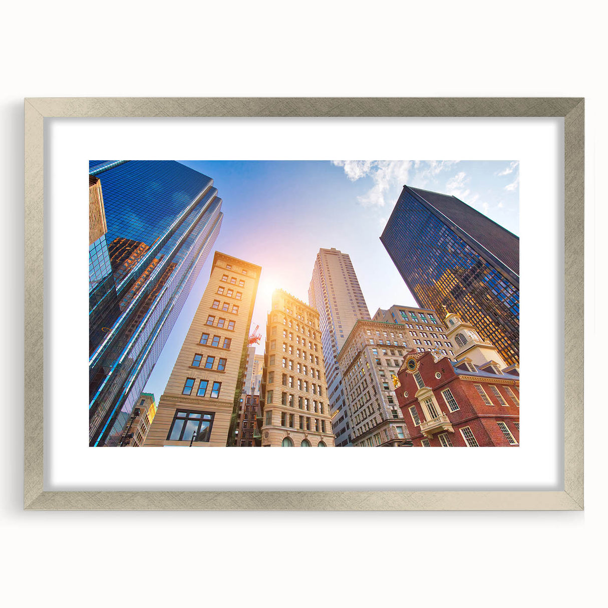 Textured abstract art print of Boston skyline in muted gray tones on a framed canvas, suitable for bedroom art.