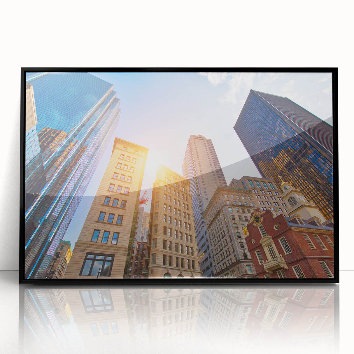 Large abstract wall art featuring a stylized Boston skyline in muted gray and blue tones on a framed acrylic panel.