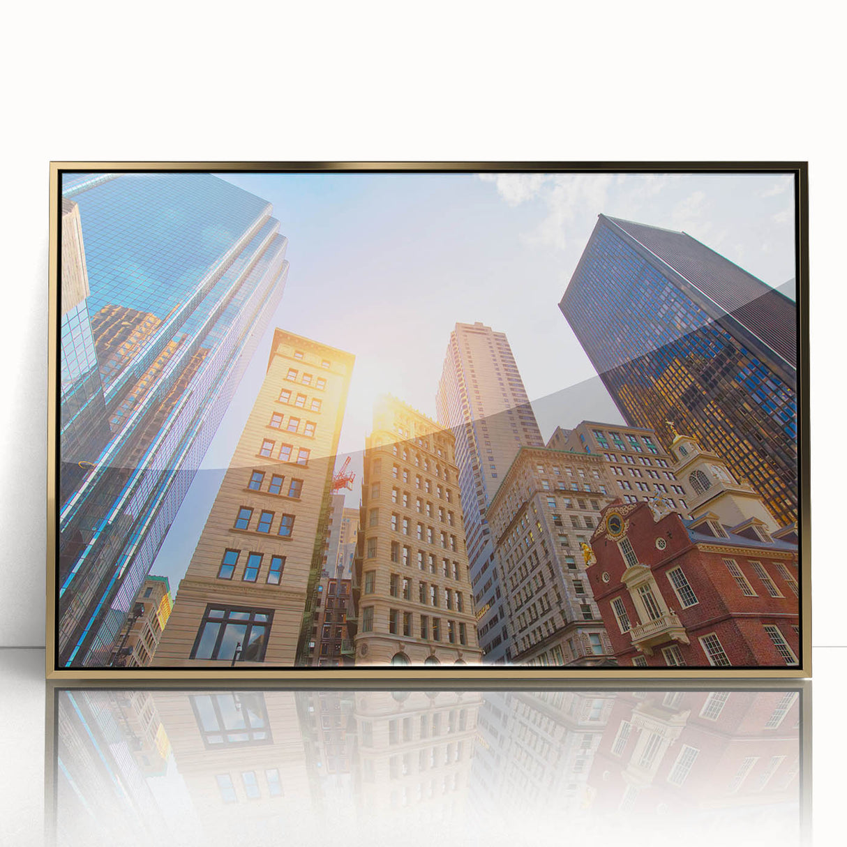 Acrylic print of Boston skyline in gold frame, featuring mid-century modernist style, suited for modern art wall decor.