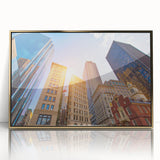 Acrylic print of Boston skyline in gold frame, featuring mid-century modernist style, suited for modern art wall decor.