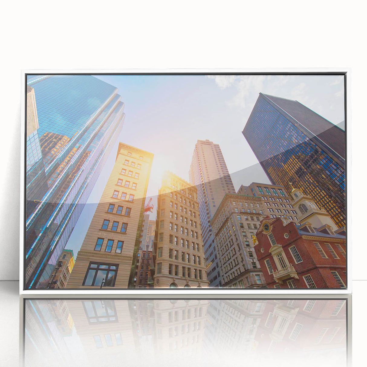 Art deco poster of Boston skyline in muted gray and blue tones on framed acrylic, suitable for modern nursery wall art.
