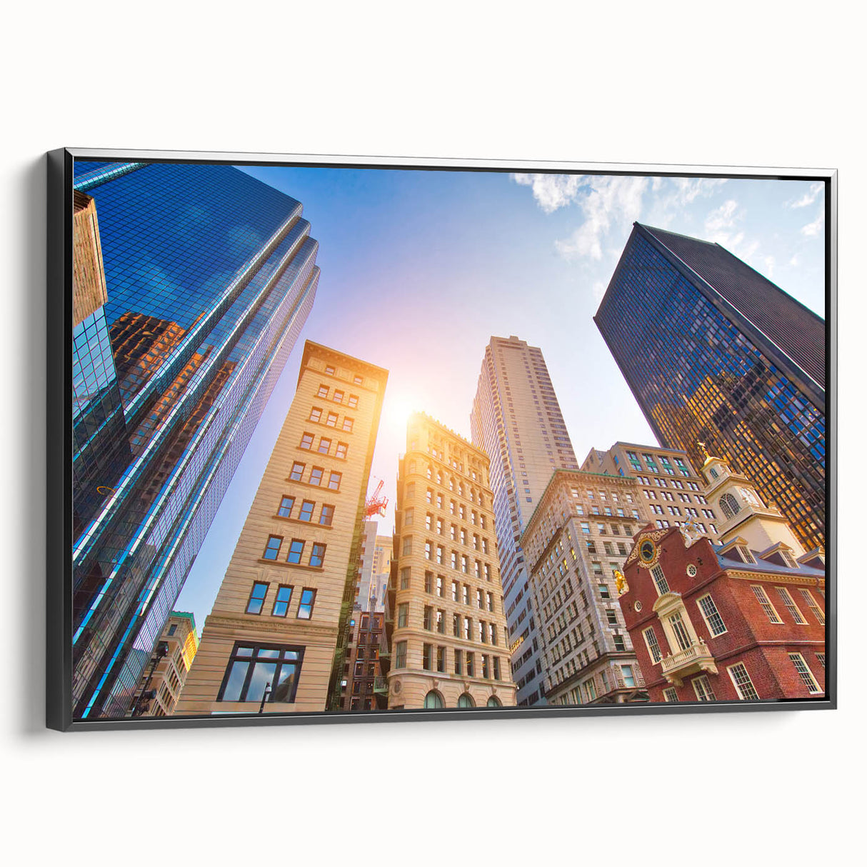 Black and white framed canvas of Boston landscape, featuring vintage poster art style, ideal for bedroom decor.