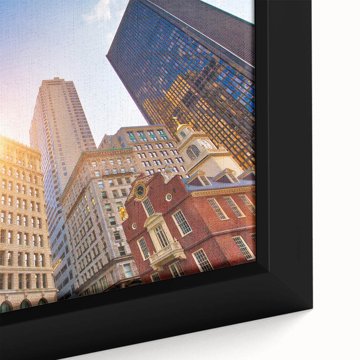 Framed canvas depicting a textured, colorful Boston skyline on a black background, suitable for large living room walls.