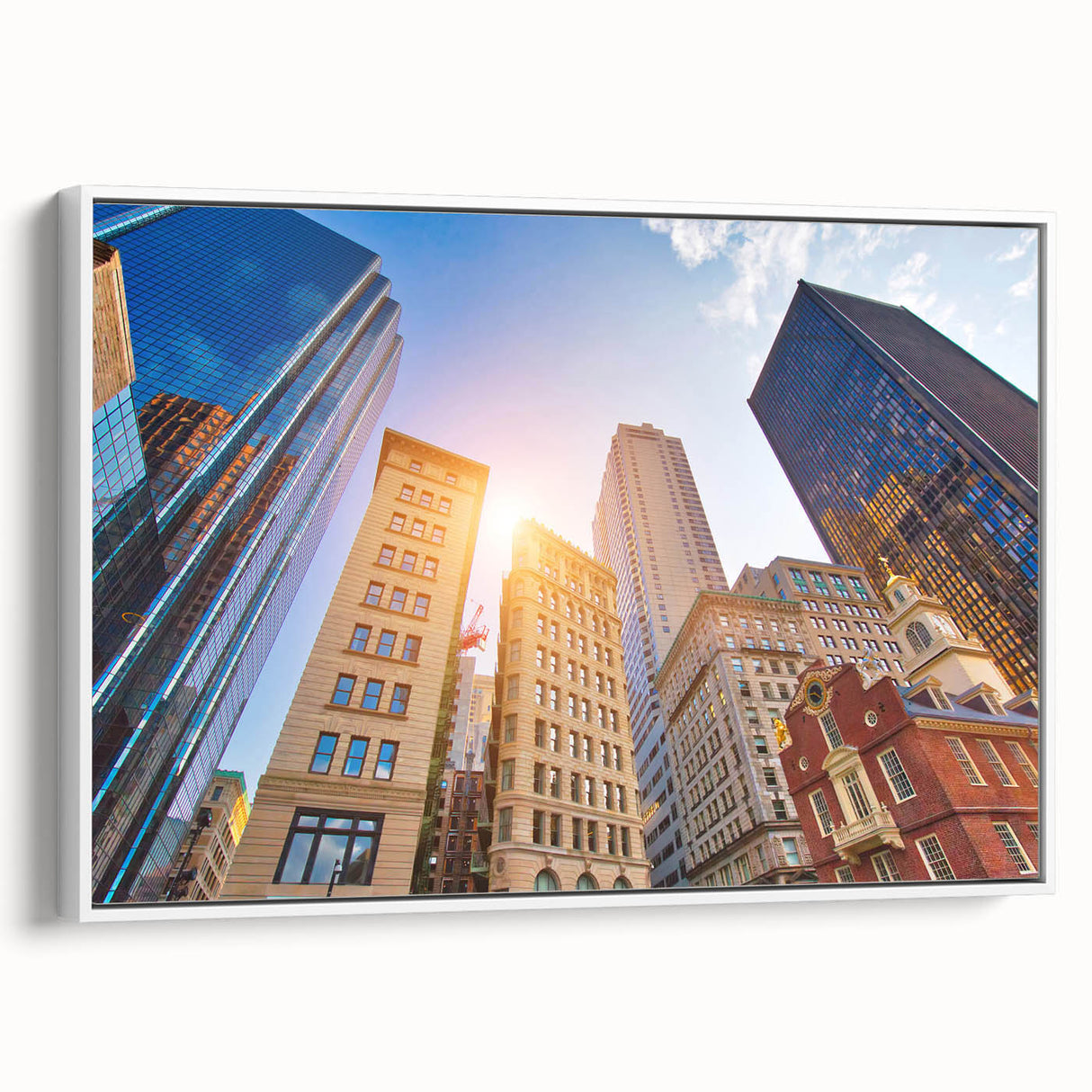 Vintage poster art of Boston skyline in vibrant colors on extra large framed canvas, suitable for living room decor.