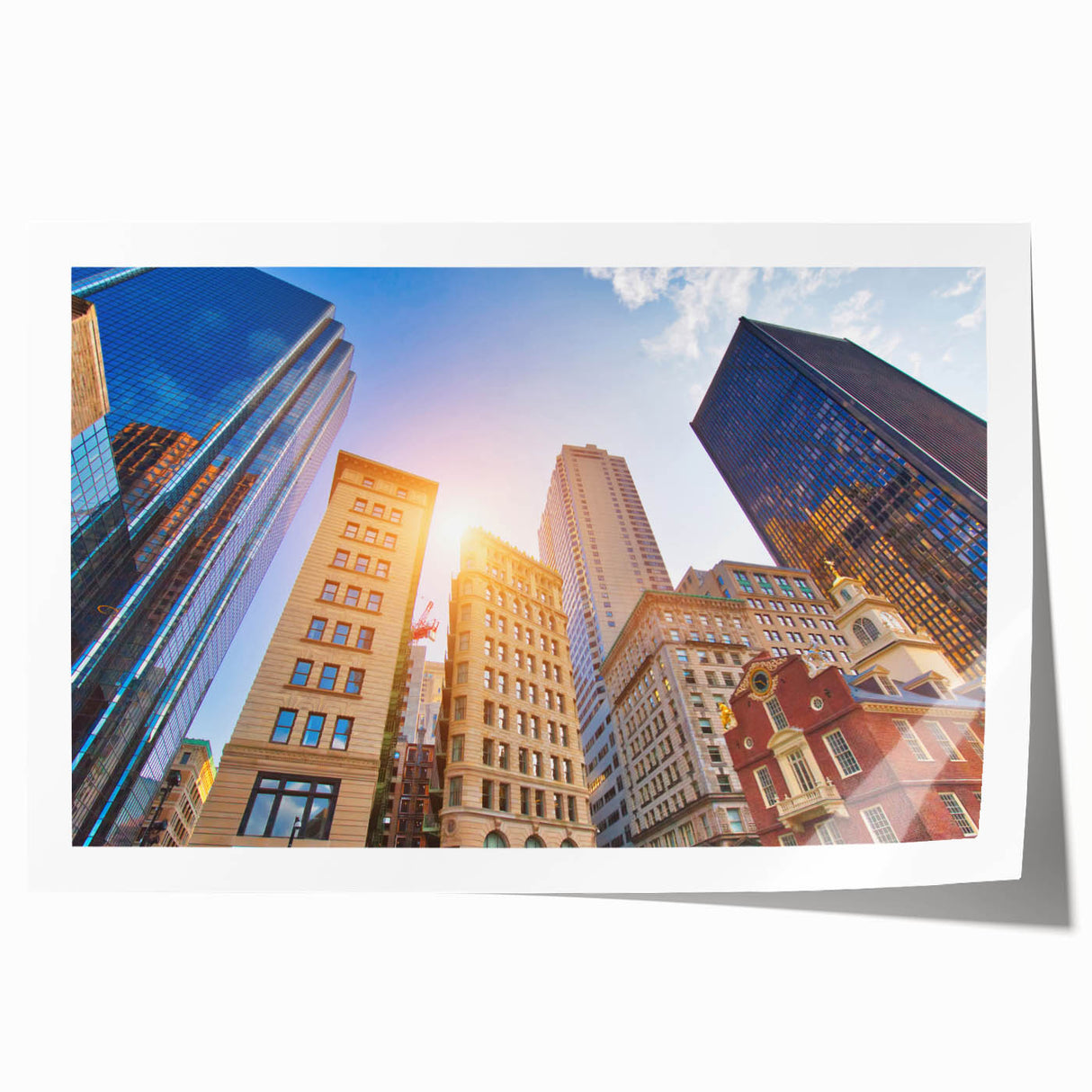 Panoramic view of Boston skyline in muted colors on a rolled canvas print, ideal for art wall dining room.