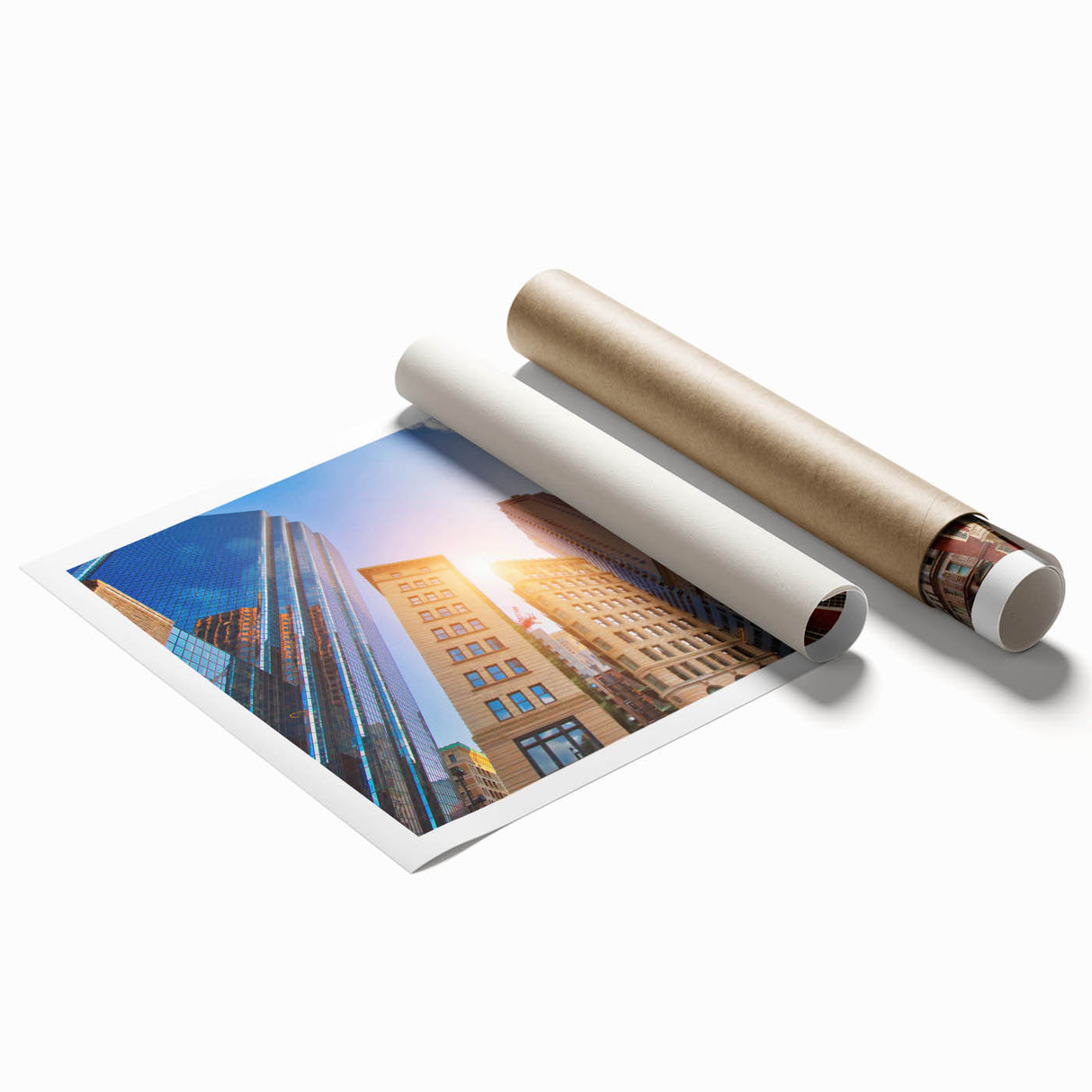 Extra large rolled print of Boston skyline with pastel shades, ideal for classy bathroom wall art.