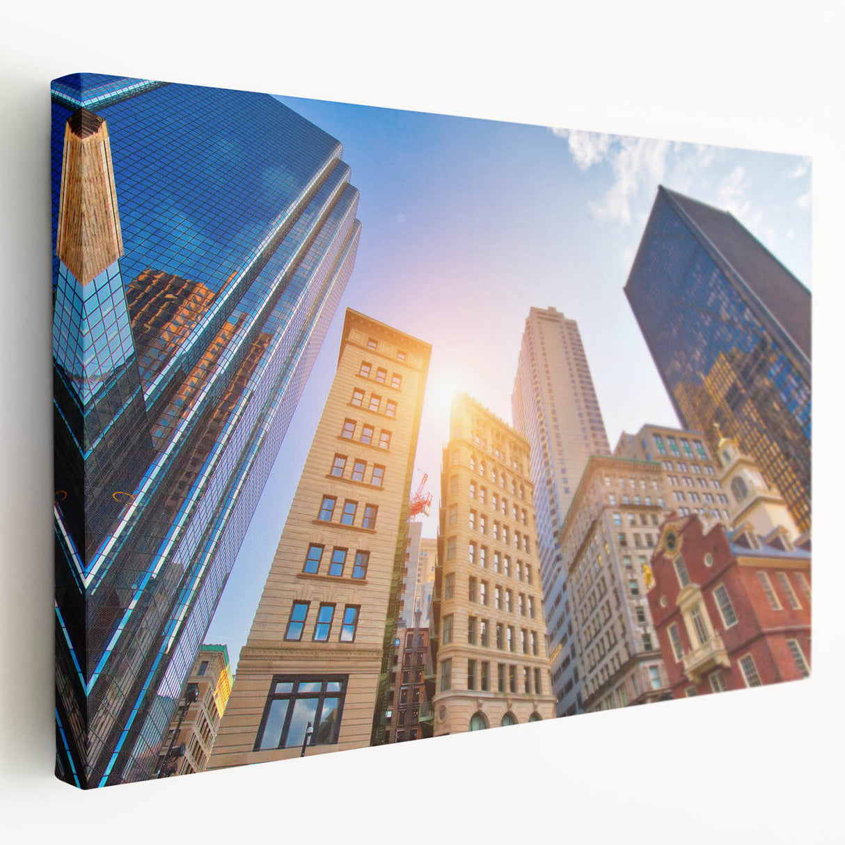 Large canvas print of the Boston skyline in muted blue and gray tones, suitable for kitchen wall art.