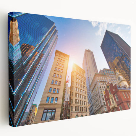 Large canvas print of the Boston skyline in muted blue and gray tones, suitable for kitchen wall art.