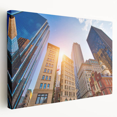 Large canvas print of the Boston skyline in muted blue and gray tones, suitable for kitchen wall art.