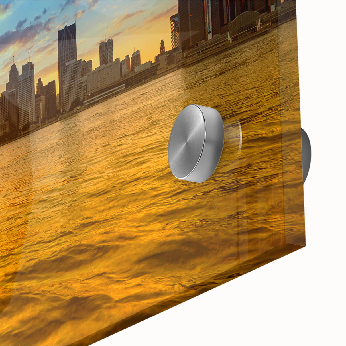 Large abstract wall art depicting the Detroit skyline in muted blue and gray tones on acrylic glass.