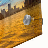 Large abstract wall art depicting the Detroit skyline in muted blue and gray tones on acrylic glass.