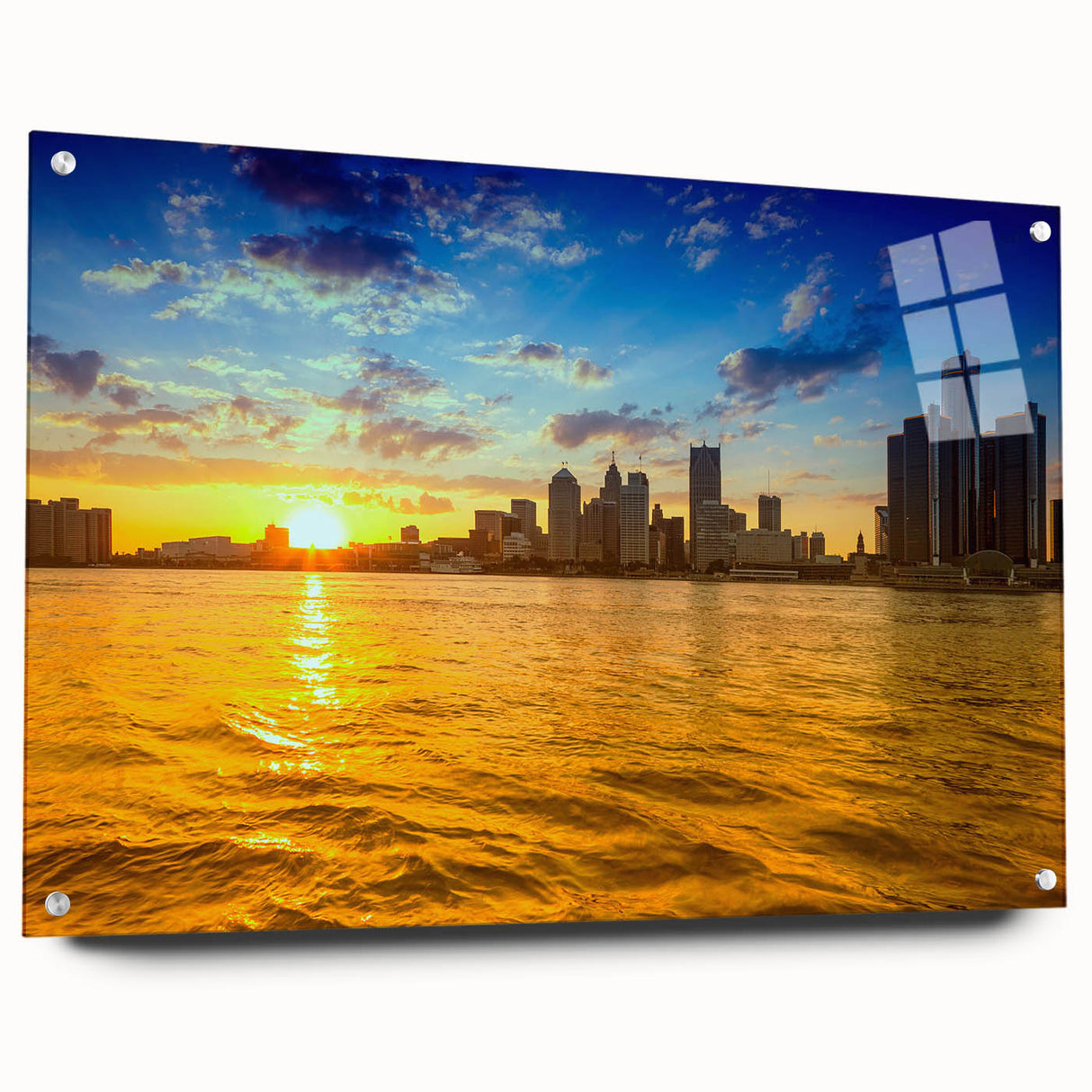 Large abstract wall art of Detroit skyline in muted gray and blue tones on acrylic glass.