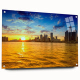 Large abstract wall art of Detroit skyline in muted gray and blue tones on acrylic glass.