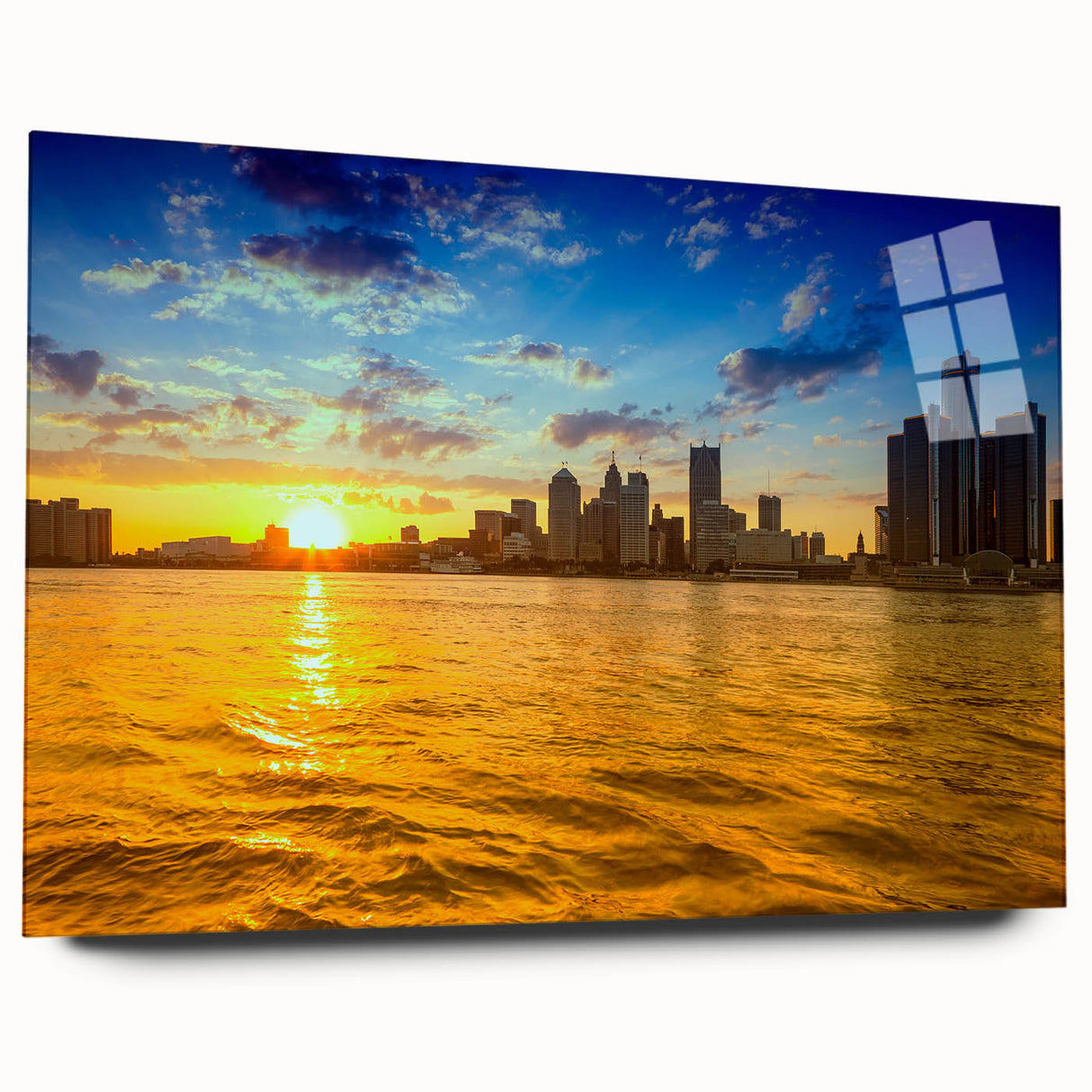 Large abstract wall art of Detroit skyline in muted gray and blue tones on acrylic glass.