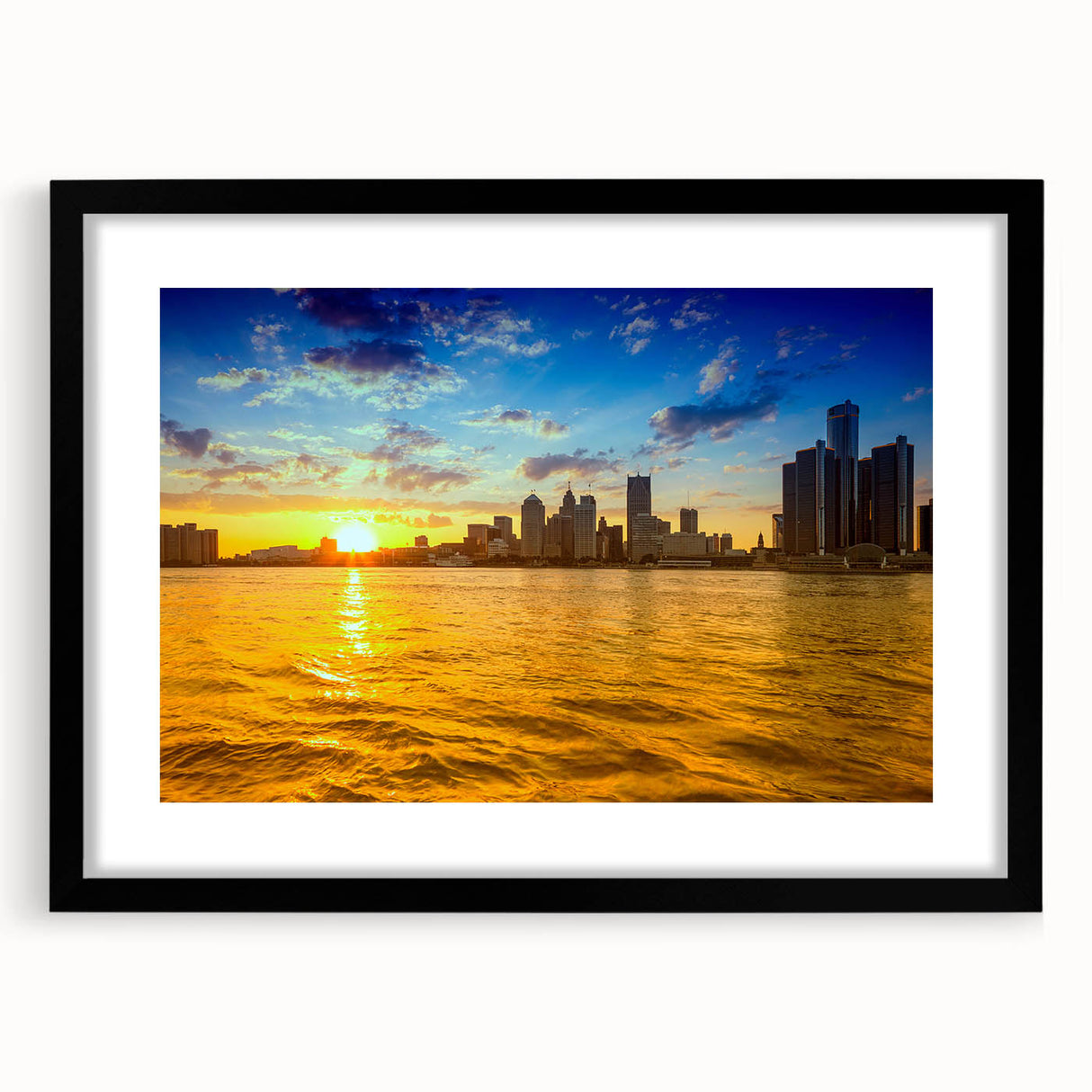 Extra large framed abstract art print of Detroit skyline in vibrant, textured colors, ideal for living room decor.