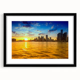Extra large framed abstract art print of Detroit skyline in vibrant, textured colors, ideal for living room decor.