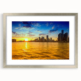 Textured abstract art print depicting a muted blue and gray Detroit skyline, framed in silver, ideal for bedroom art.