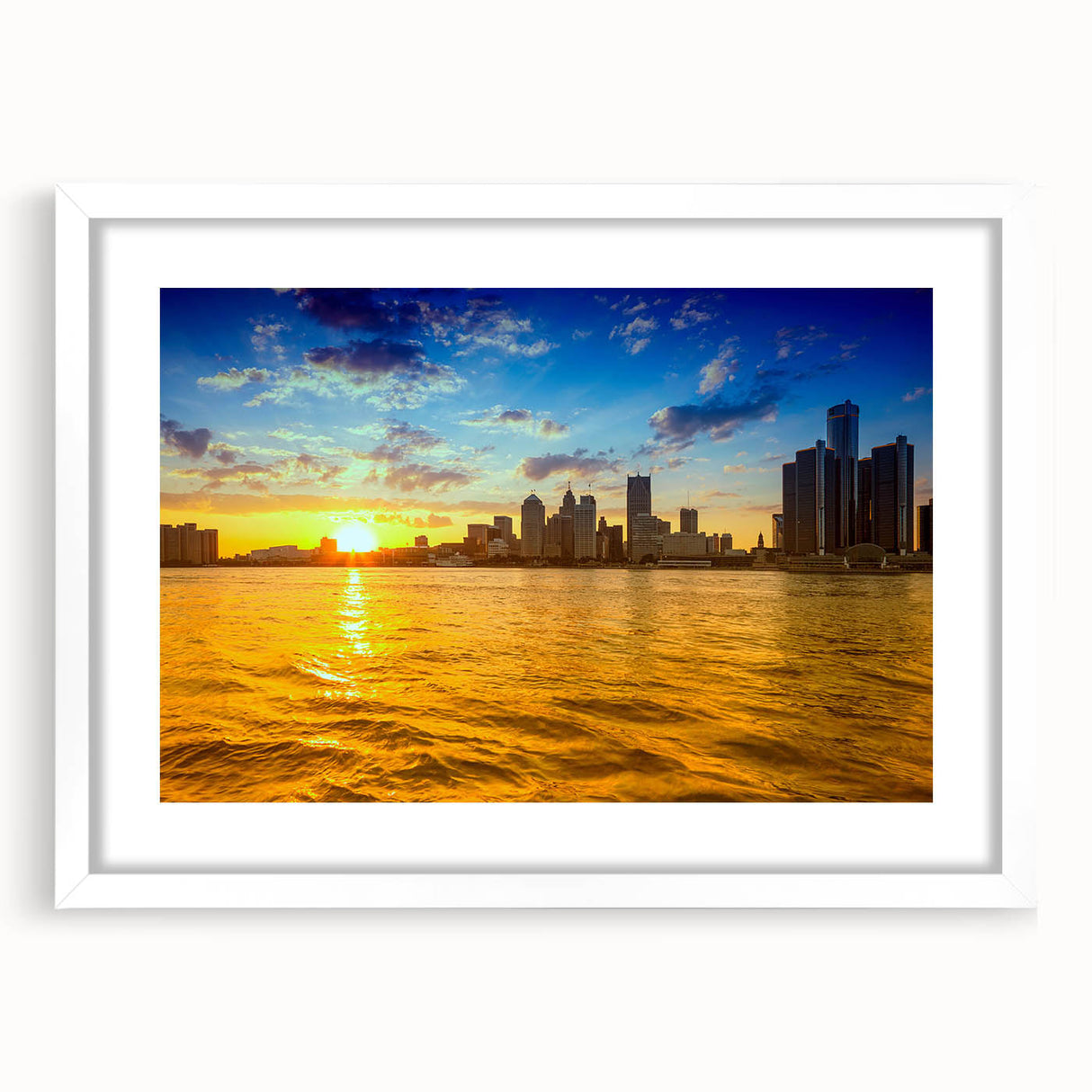 Abstract art print of Detroit skyline in muted gray and blue tones on a framed white mat, suitable for dining room decor.