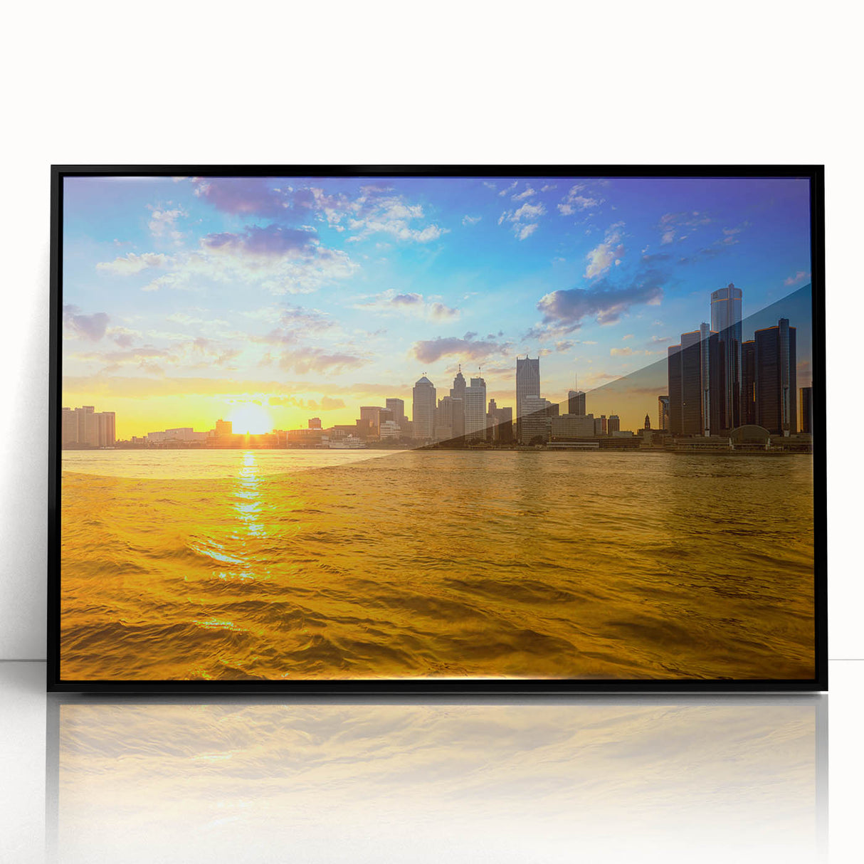 Large abstract wall art depicting a stylized Detroit skyline in black and gray tones on a framed acrylic.