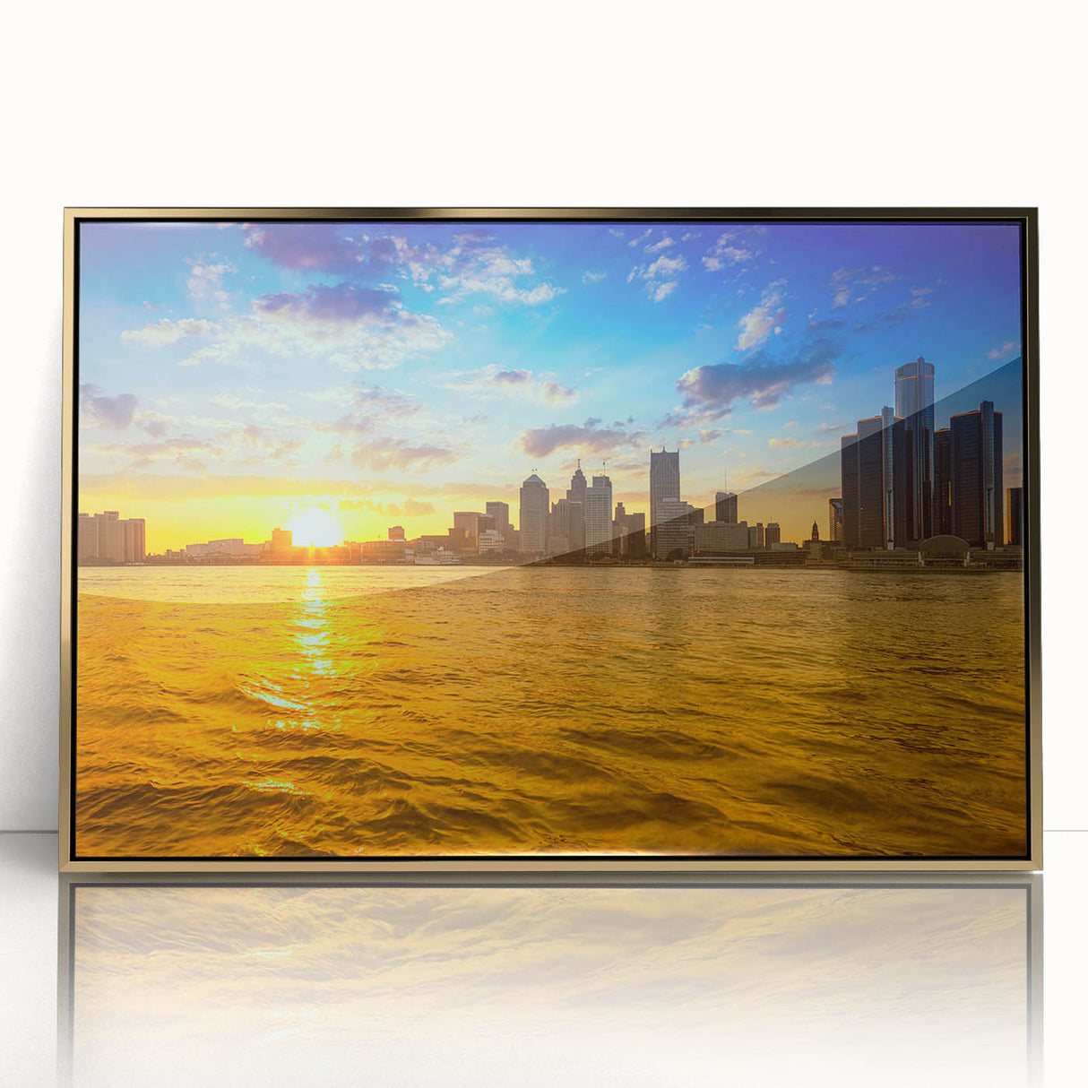 Acrylic print of Detroit skyline in gold and black tones, framed in mid-century modernist style.