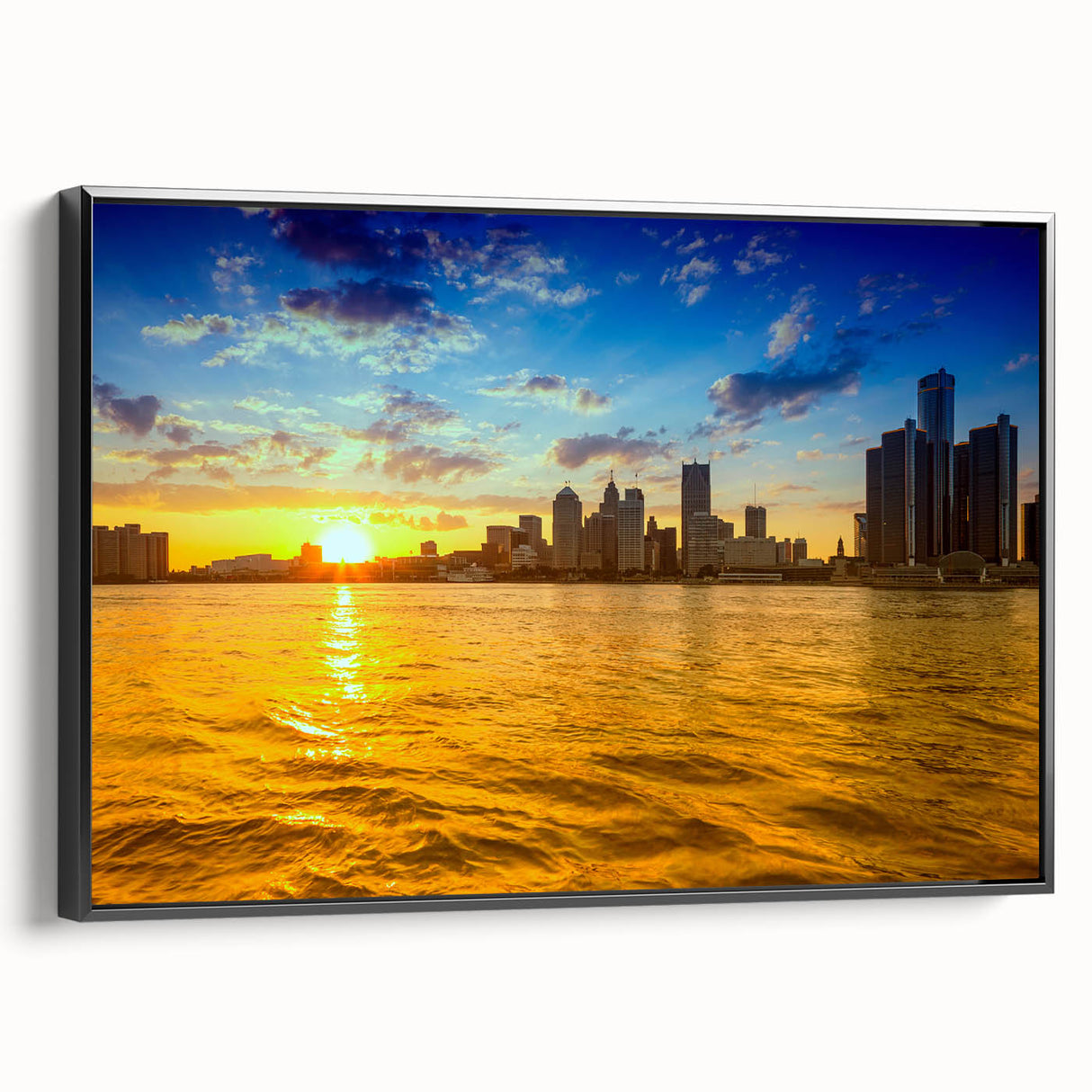 Black and white framed canvas of Detroit landscape, ideal for bedroom wall decor.