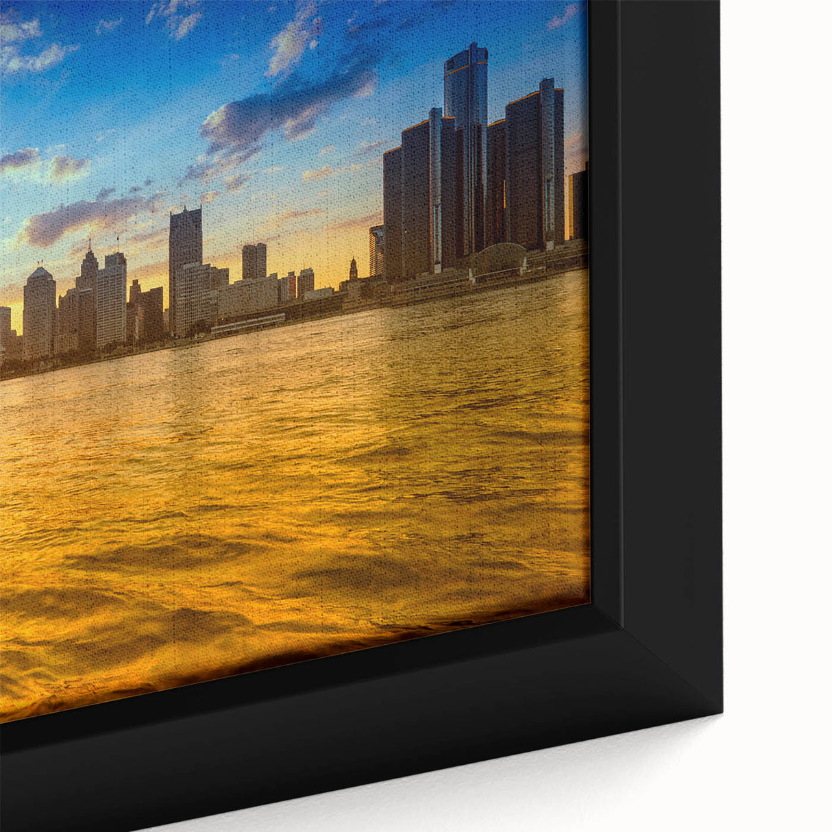 Framed canvas of Detroit skyline in textured black with colorful accents, ideal for large living room walls.