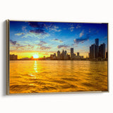 Vintage poster art of Detroit landscape in black and gold tones on framed canvas, ideal for bedroom wall decor.