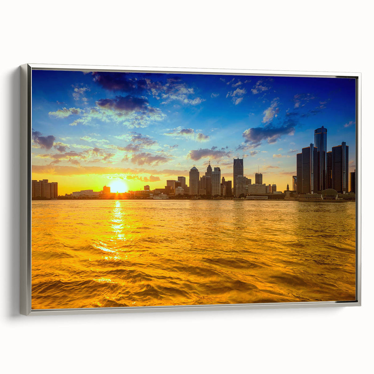 Landscape art painting of Detroit skyline in colorful hues on a framed canvas, ideal for office decor.