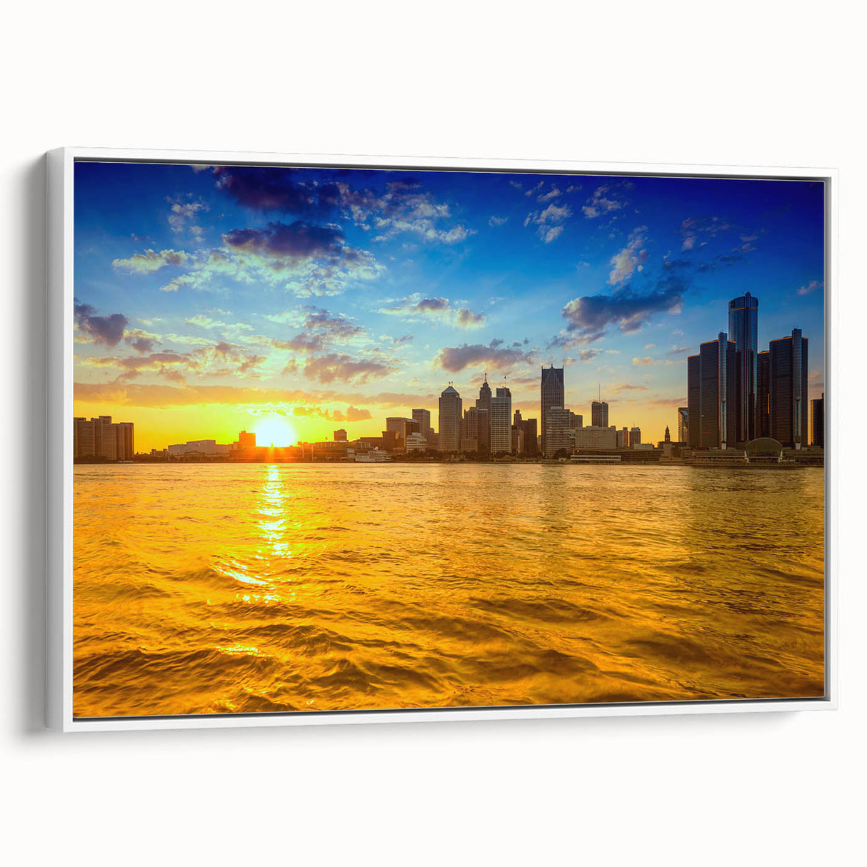 Framed vintage poster art of Detroit skyline in colorful hues on white canvas, ideal for living room decor.