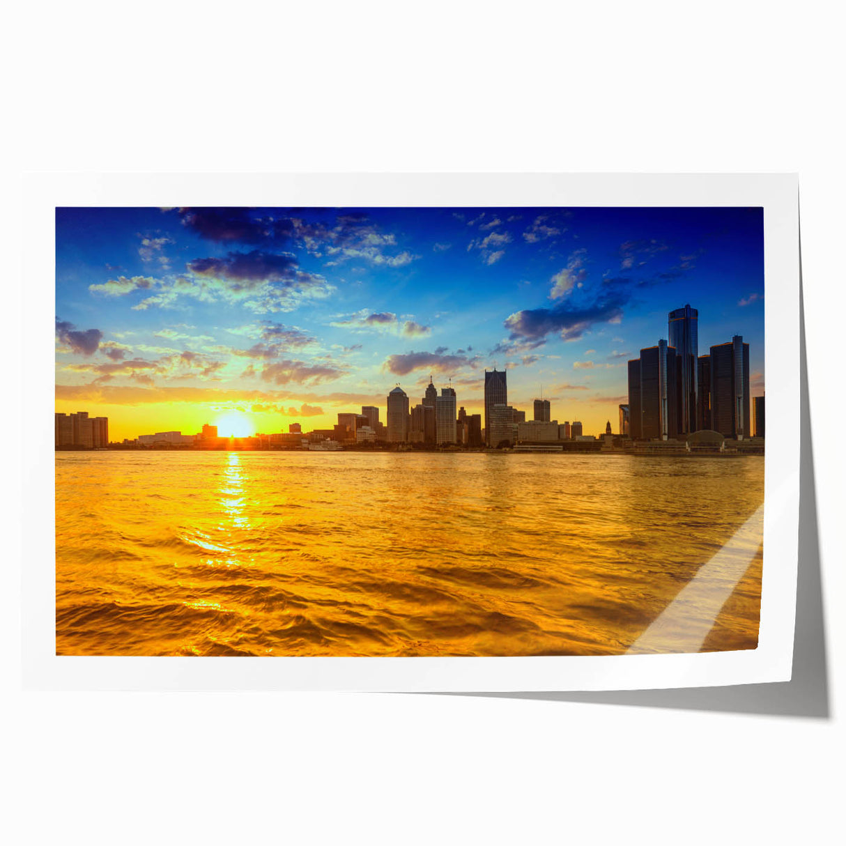 Extra large rolled print of Detroit skyline in muted gray and blue tones, ideal for art wall dining room.