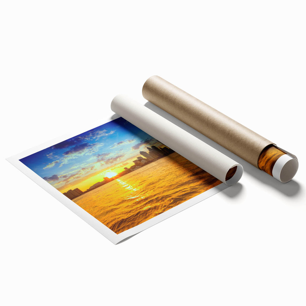 Extra large rolled print of Detroit skyline with muted blue and gray tones, ideal for classy bathroom wall art.