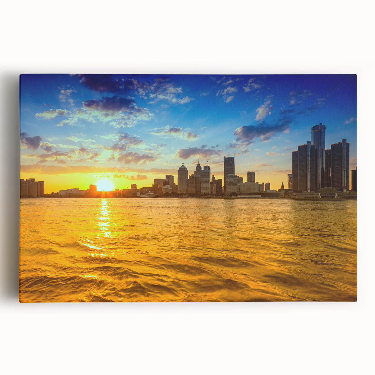 Black and white photo of Detroit skyline on large stretched canvas, suitable for kitchen wall art.