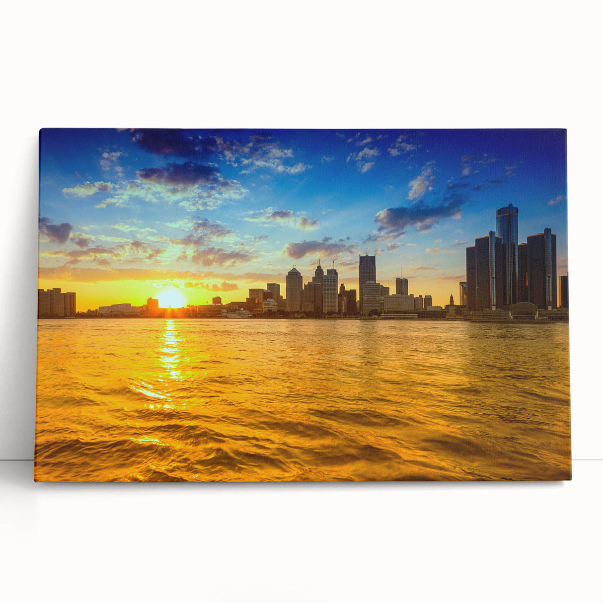 Black and white large art print of Detroit skyline on stretched canvas, suitable for kitchen or bedroom wall decor.