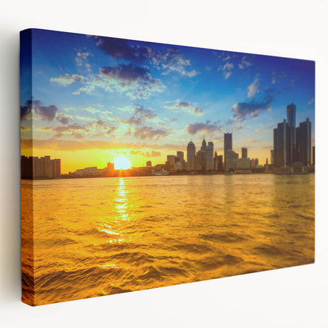 Stretched canvas print of Detroit skyline with muted twilight hues, ideal for kitchen wall art.