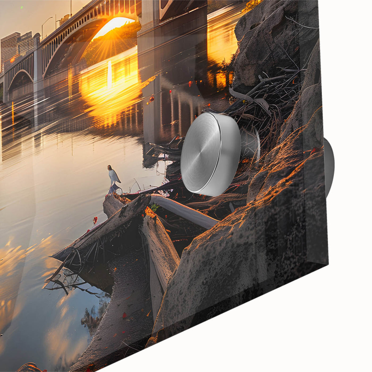 Large abstract wall art of Minneapolis skyline in muted gray and blue tones on acrylic glass, ideal for dining room art.