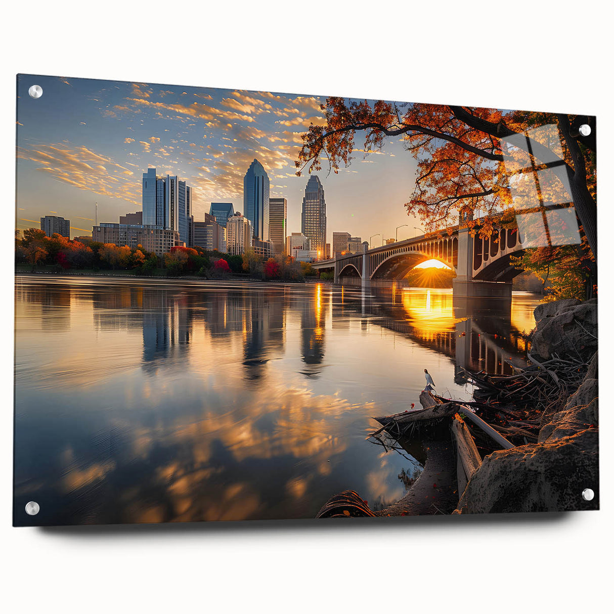 Acrylic print of Minneapolis skyline in muted blue and gray tones, suitable for bedroom or dining room decor.