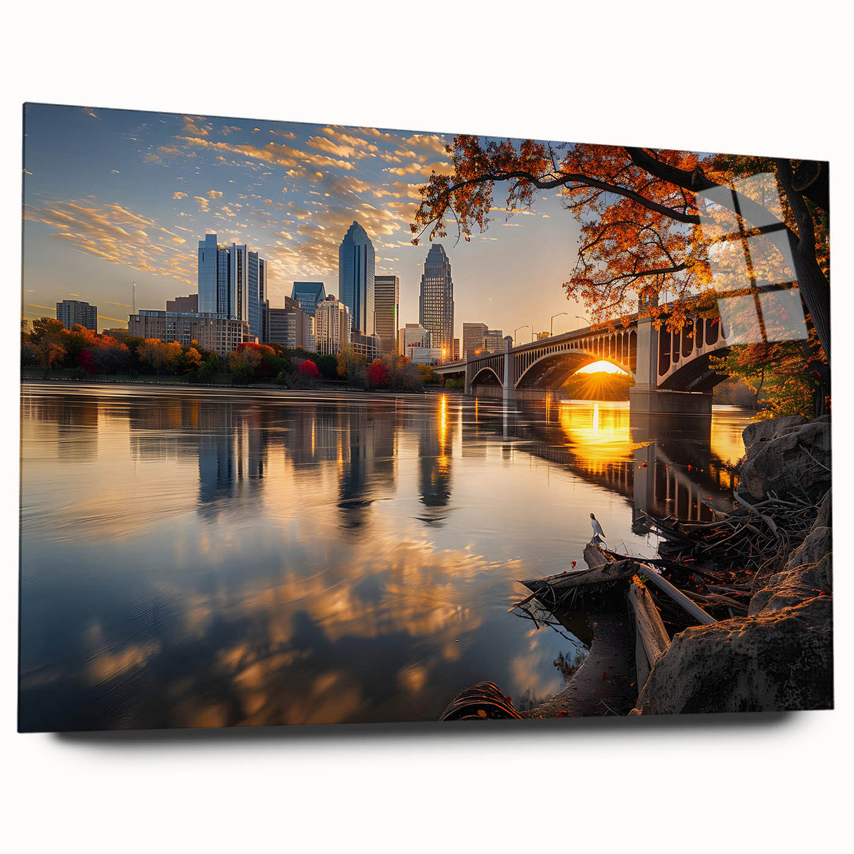 Acrylic print of large abstract Minneapolis skyline in muted blue and gray tones, ideal for bedroom or dining room art.