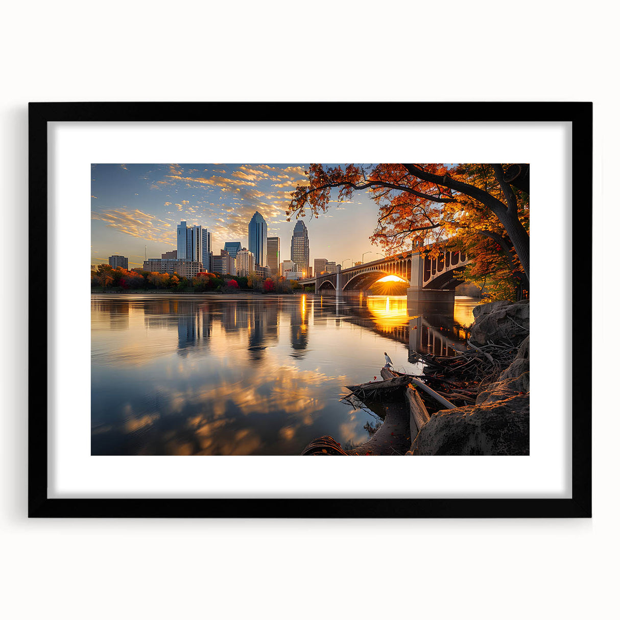 Extra large abstract art print of Minneapolis skyline in vibrant colors on a black framed canvas.