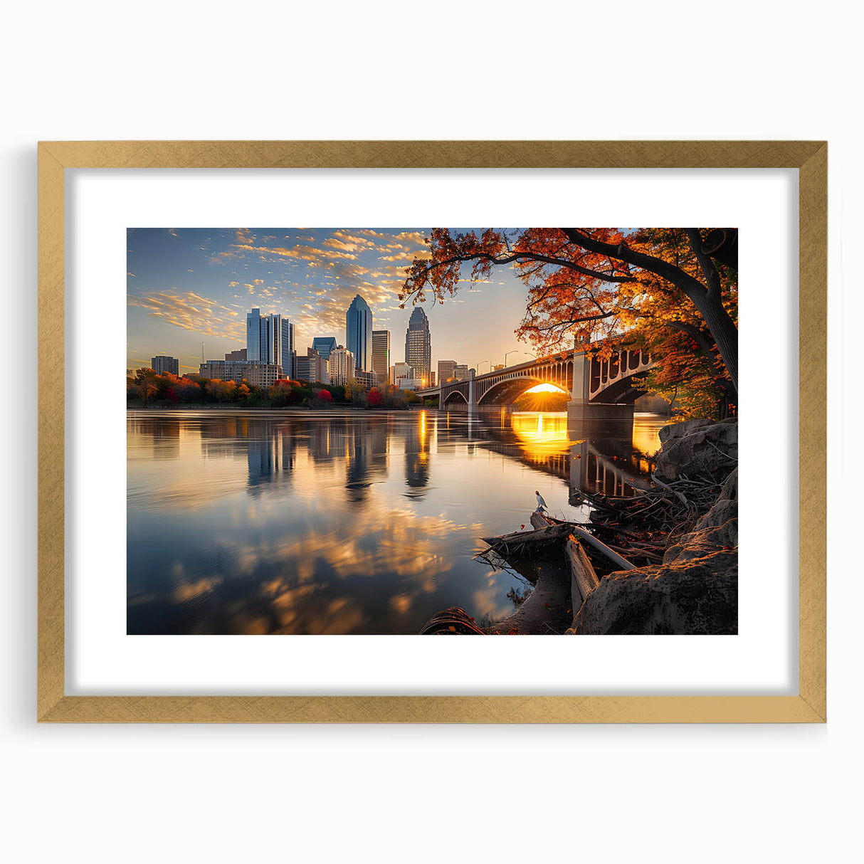 Extra large abstract art print of Minneapolis skyline in muted blue and gray tones, framed in gold.